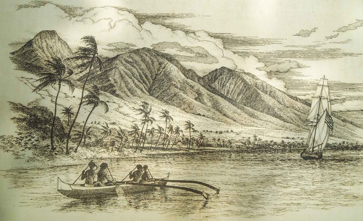 Pirogue hawaïenne à balancier, gravure ancienne